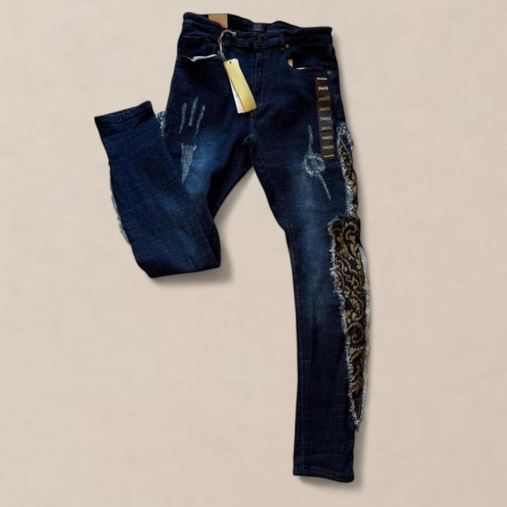 Reason Brand Distressed Slim Jeans with Tapestry Panels Mens 32